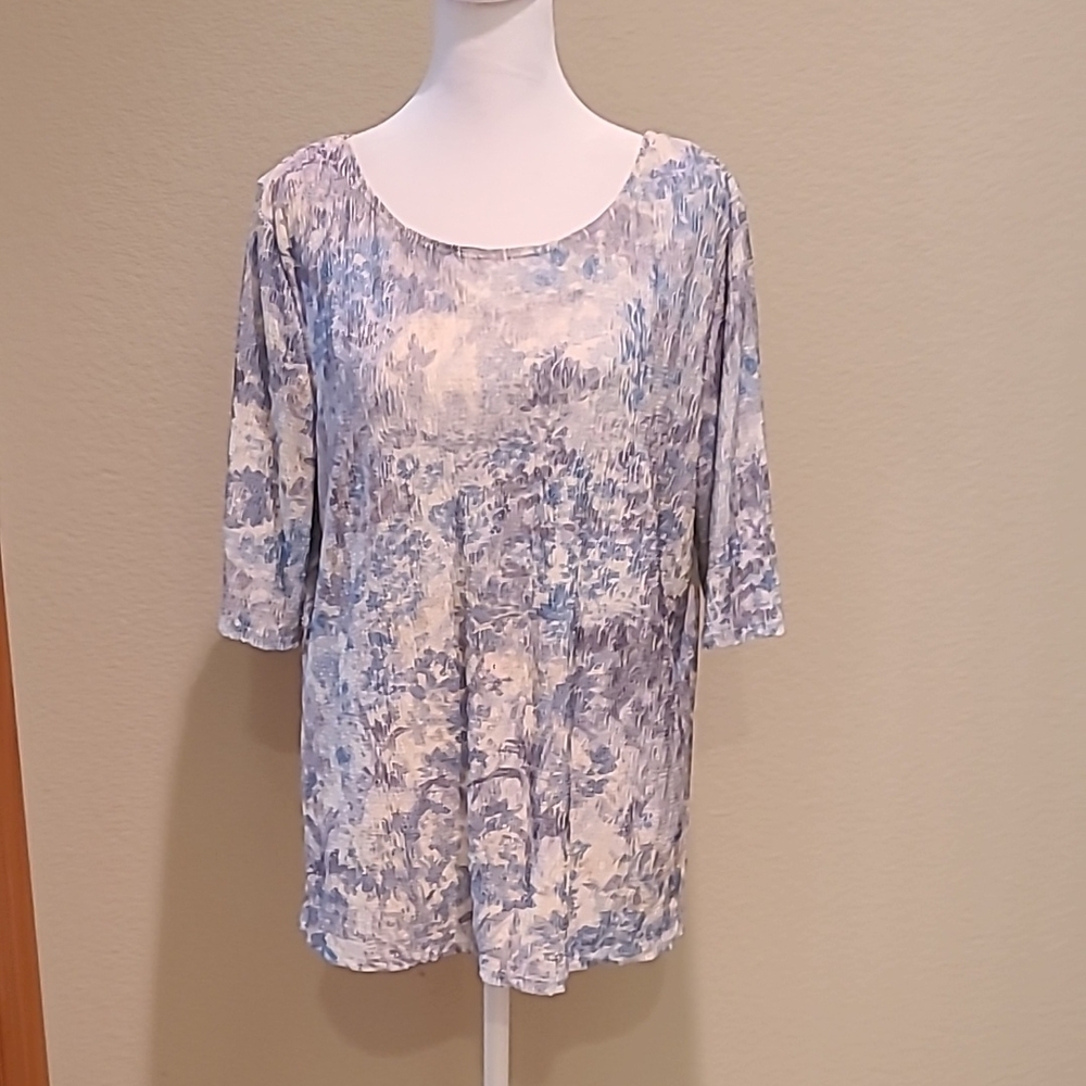 Coldwater Creek Blue White Floral 3/4 Sleeve Top Size M